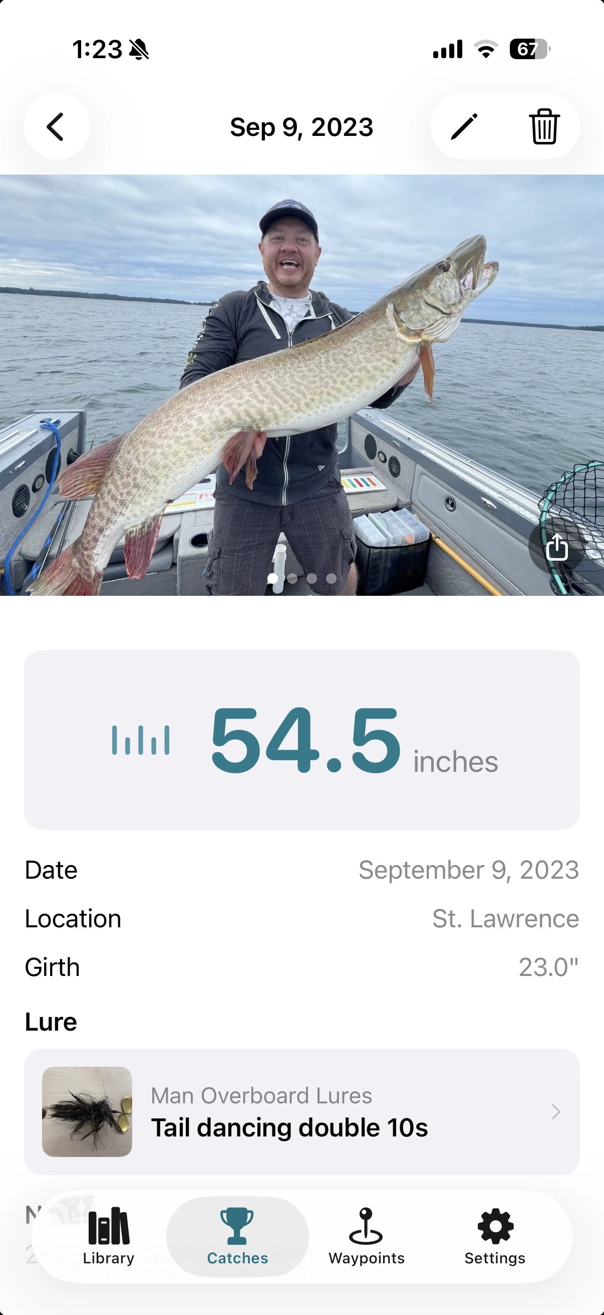 Catch detail showing a 54.5 inch musky
